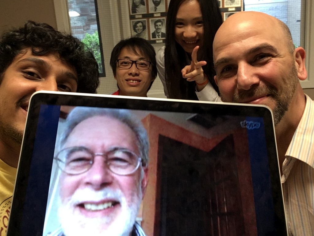 FitCat Phase I team (L to R): Akshay Tata, Shunjun Bai, Yuanyuan Li (all MPS '16), Bruce Kornreich (DVM '92, PhD '05). Paul Cashman '73 via Skype.